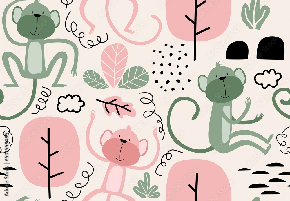 Wall mural vector seamless pattern with monkey.