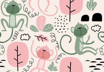 Vector seamless pattern with monkey. © andin