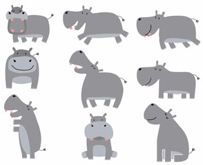 Set of different hippos on white background. - obrazy, fototapety, plakaty