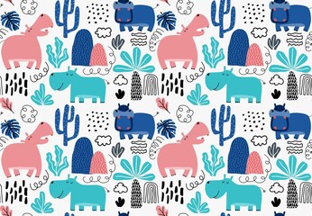 hand drawn seamless pattern with cute hippos