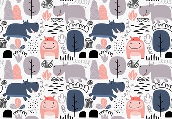 hand drawn seamless pattern with cute hippos