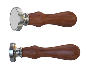 Wooden stamp with silver for sealing wax set on white background, 3d render