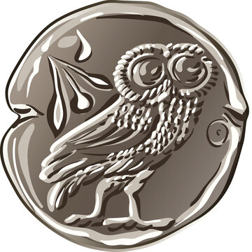 ancient Greek drachma money silver coin with the image of the owl and olive