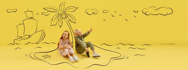 Flyer with funny kids, little boy and girl talking, dreaming isolated on yellow background with...