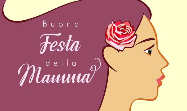 Beautiful woman's face with italian typographic Buona Festa della Mamma,  that means Happy Mother's Day, Happy Holiday of Mothers. Pretty lady, drawn  picture. Isolated abstract graphic design template. Stock Vector | Adobe