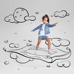 Conceptual artwork. Little girl flying on drawn carpet. Inspiration world for kids. Concept of...