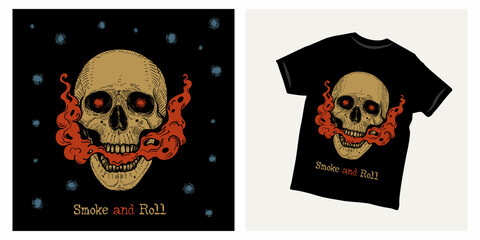 Smoke and roll skull vintage t shirt