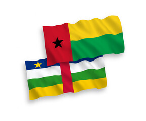 National vector fabric wave flags of Central African Republic and Republic of Guinea Bissau isolated on white background. 1 to 2 proportion.
