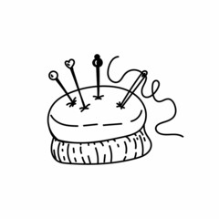 Sewing needlepoint , hand-drawn doodle in sketch style. Needlepoint with pins and needle and thread. Handmade. Thread. Vector simple illustration.