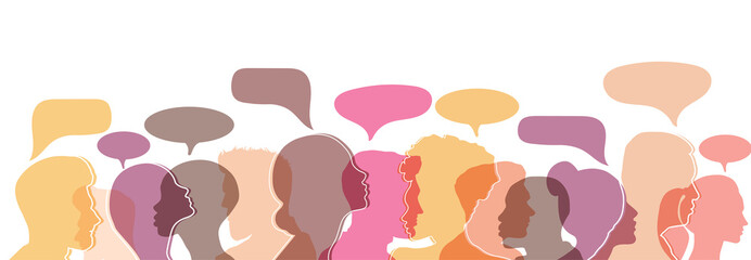 Man and woman head silhouettes with colorful speech bubbles