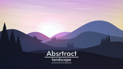 Morning or evening landscape in flat style. Abstract vector illustration. Mountains and hills with forest and river. Pink and yellow sky, with sun and clouds.