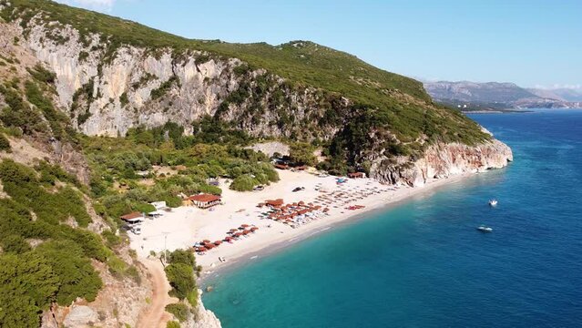 White Sandy Gjipe Beach and Canyon, Albania - Aerial Circling Pan