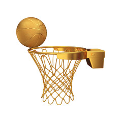Gold basketball rim with a ball on a white background, 3d render