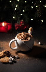 Christmas mood. Cup of cocoa with small marshmallow, cookies, and cinnamon. Black background with...