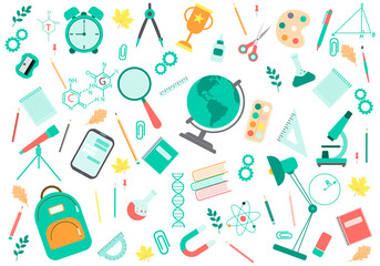 Back to school background. School supplies, tools, stationery. Ruler, globe, pen, pencil, books, set of flat design elements. Isolated vector illustration 