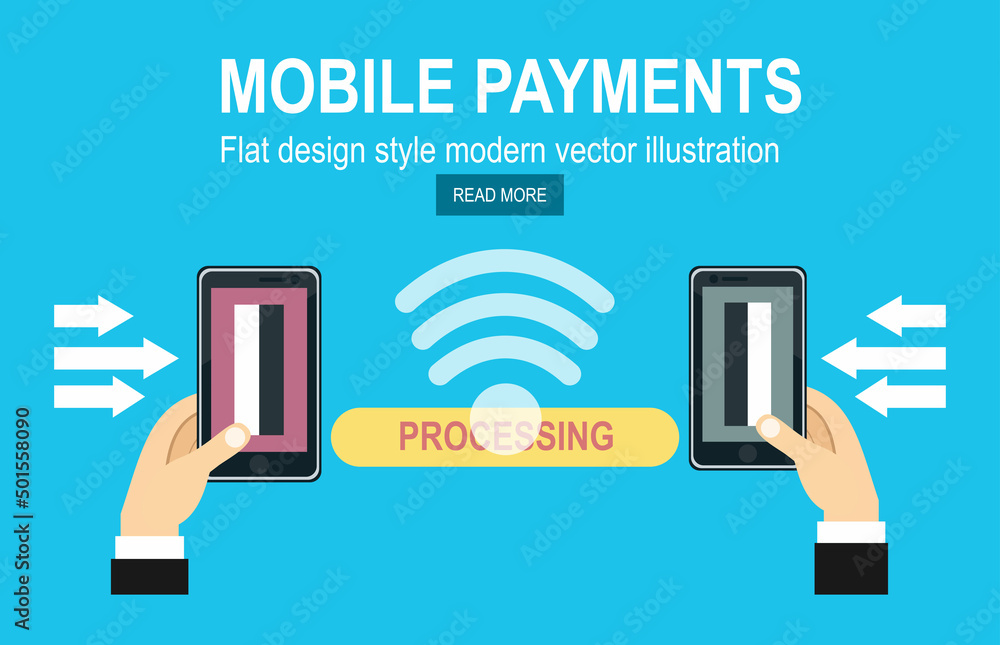 Poster two hands holding mobile in each hand and sharing the file to each other.