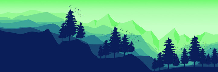 silhouette of tree with mountain landscape flat design vector illustration good for web banner, ads banner, tourism banner, wallpaper, background template, and adventure design backdrop