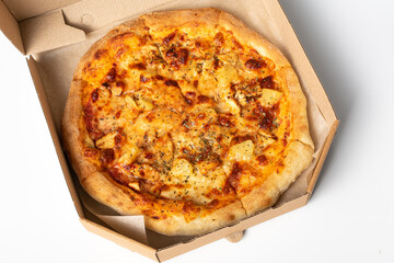 Delicious hot Italian pizza. Double cheese pizza, pineapple, chicken