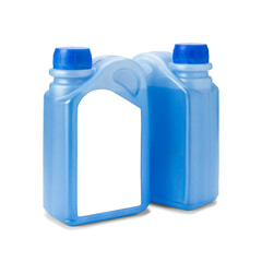 Plastic bottles with blue antifreeze or coolant water with white blank label isolated on white background. Canisters of non-freezing liquid, mock up, copy space.
