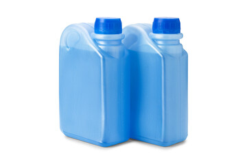 Two plastic bottles with blue antifreeze or coolant water isolated on white background. Canisters...