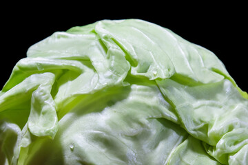 Close up of part green cabbage on black background, selective focus. Abstract texture of head of...