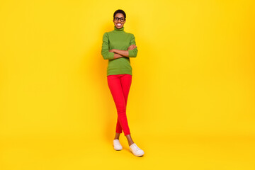 Photo of cheerful pretty trans woman wear green turtleneck arms crossed isolated yellow color background