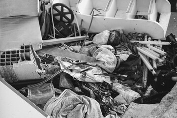 Houses and fields in ruins, demolished, abandoned and junkyard