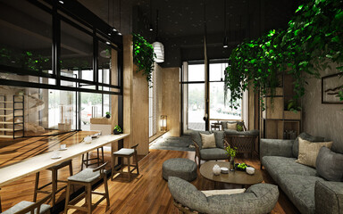 3d render. Modern Cafe Restaurant interior scene.