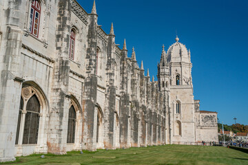 Lisbon, Portugal - november 14 2022 - Tourists visiting the Church of (Igreja) Santa Maria de Belém - obrazy, fototapety, plakaty