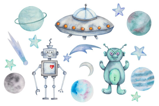 Watercolor illustration of hand painted spaceship, alien spacecraft, robot. Planets, moon, falling stars and meteors in blue, grey colors. Isolated clip art elements for children fabric, textile print
