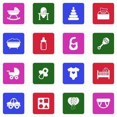 Baby Stuff Icons. White Flat Design In Square. Vector Illustration.