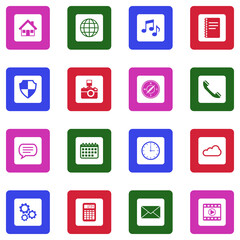 Home Screen Application Icons. White Flat Design In Square. Vector Illustration.