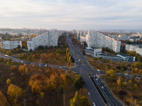 Fototapeta City gates of Chisinau, the capital city of Republic of Moldova. Panoramic view from a drone in a autumn day.