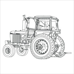 Big tractor. Line art style vector illustration of a tractor isolated. Heavy agricultural machinery for fieldwork tractor vector line art