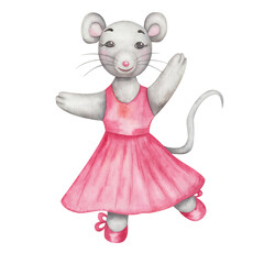 Watercolor illustration of hand painted grey mouse girl in dance studio in pink dress and ballet shoes with laces. Cartoon animal character. Isolated clip art for children fabric textile print, poster © Olga Sidelnikova