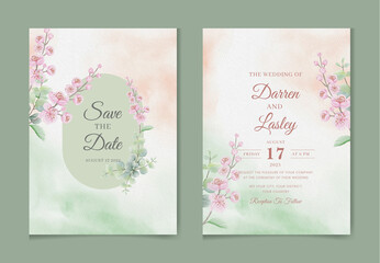 Wedding invitation card template set with watercolor and floral decoration. Flowers illustration for save the date, greeting, poster, and cover design  Abstract Background.
