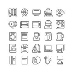 Electric household appliance vector icon set. Home machine and kitchen equipment, air fryer, oven, grill, stove, steamer pot. Sign symbol illustration in outline, editable stroke, pixel perfect 64x64.