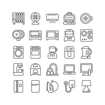 Electric household appliance vector icon set. Home machine and kitchen equipment, air fryer, oven, grill, stove, steamer pot. Sign symbol illustration in outline, editable stroke, pixel perfect 64x64.