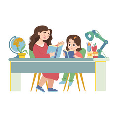 Fototapeta premium Caucasian mother teaches child indoors at home. Remote online distance education. Concept of home schooling and e-learning. Illustration in a flat style