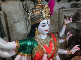 Goddess Durga. indian festival Navratri.Idol of Goddess Durga. Festival is celebrated during the...