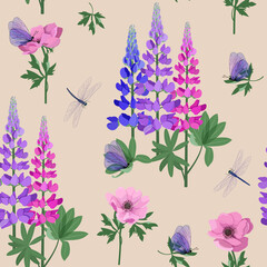 Vector pattern with anemone, lupines, butterflies and dragonflies on a beige background.