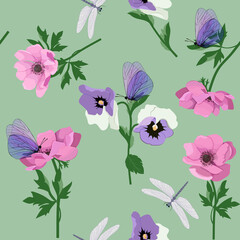 Vector pattern with anemone, pansies, butterflies and dragonflies on a green background.