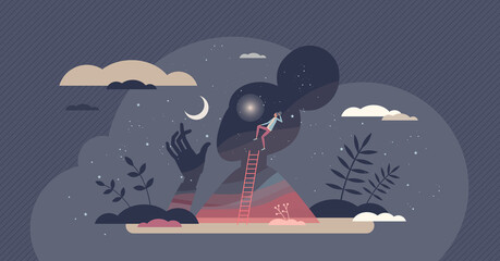 Consciousness, awareness and mental self mindfulness tiny person concept. Psychological personal relaxation and mind exploring with thoughts and emotions understanding vector illustration. Soul care.