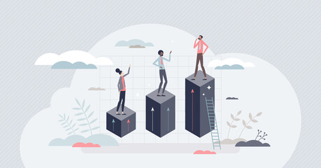 Growing competence and professional skill or ability improvement tiny person concept. Career development and potential growth vector illustration. Increased efficiency and personal work ambitions.