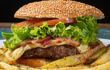 Hamburger with melted cheese, fried bacon, mayonnaise, lettuce, tomato and french fries on sesame...