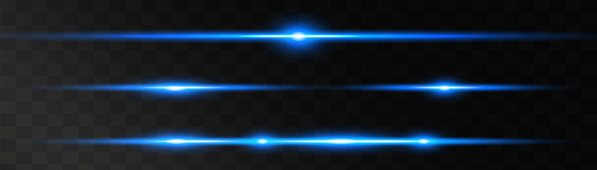 Set of blue horizontal lens flares pack. Abstract light flares, laser beams, sparkling lined, horizontal light rays. Vector illustration.