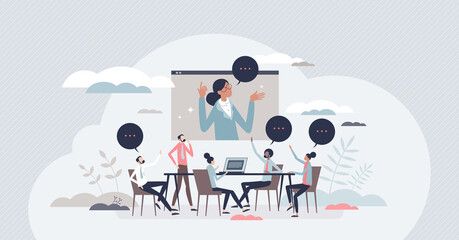 Business conference room with audience and speaker talk tiny person concept. Auditorium lecture with distant seminar using video call screen vector illustration. Presentation and team training meeting - obrazy, fototapety, plakaty