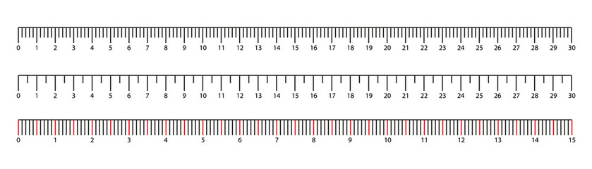 Set of ruler scale 30 cm. Centimeter, millimeter, inch and metric rulers. Marking for ruler, measure on scale of centimeter, millimeter and inches, marks for tape measure. Vector illustration