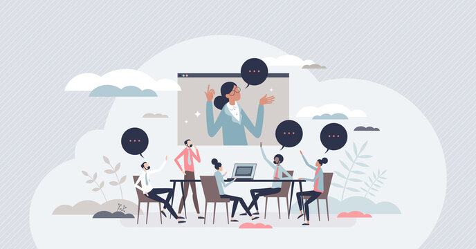 Business conference room with audience and speaker talk tiny person concept. Auditorium lecture with distant seminar using video call screen vector illustration. Presentation and team training meeting