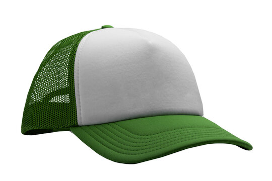 Dark green Trucker cap isolated on white background. Basic baseball cap. Mock-up for branding.